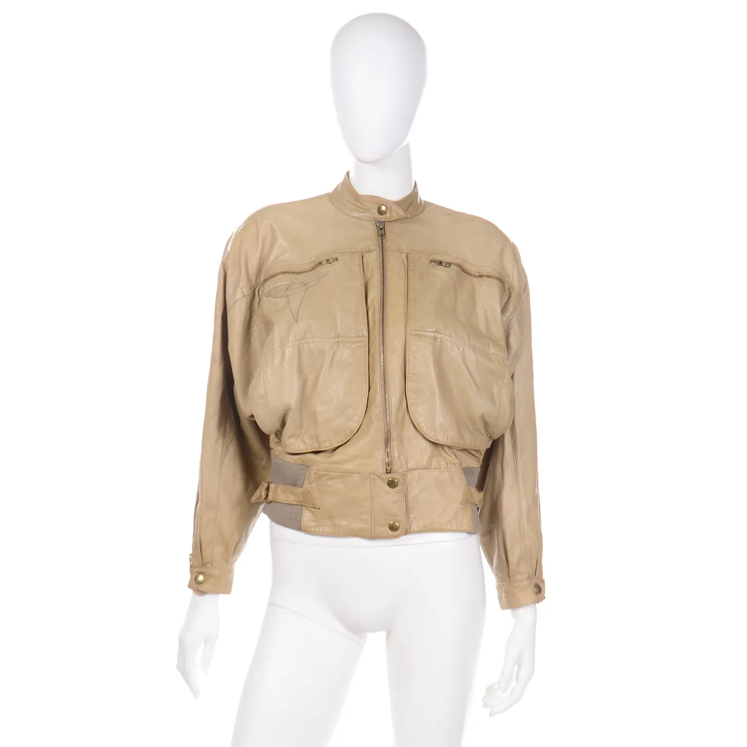 1983 S/S Claude Montana Ideal Cuir Tan Leather Runway Bomber Jacket W Applique