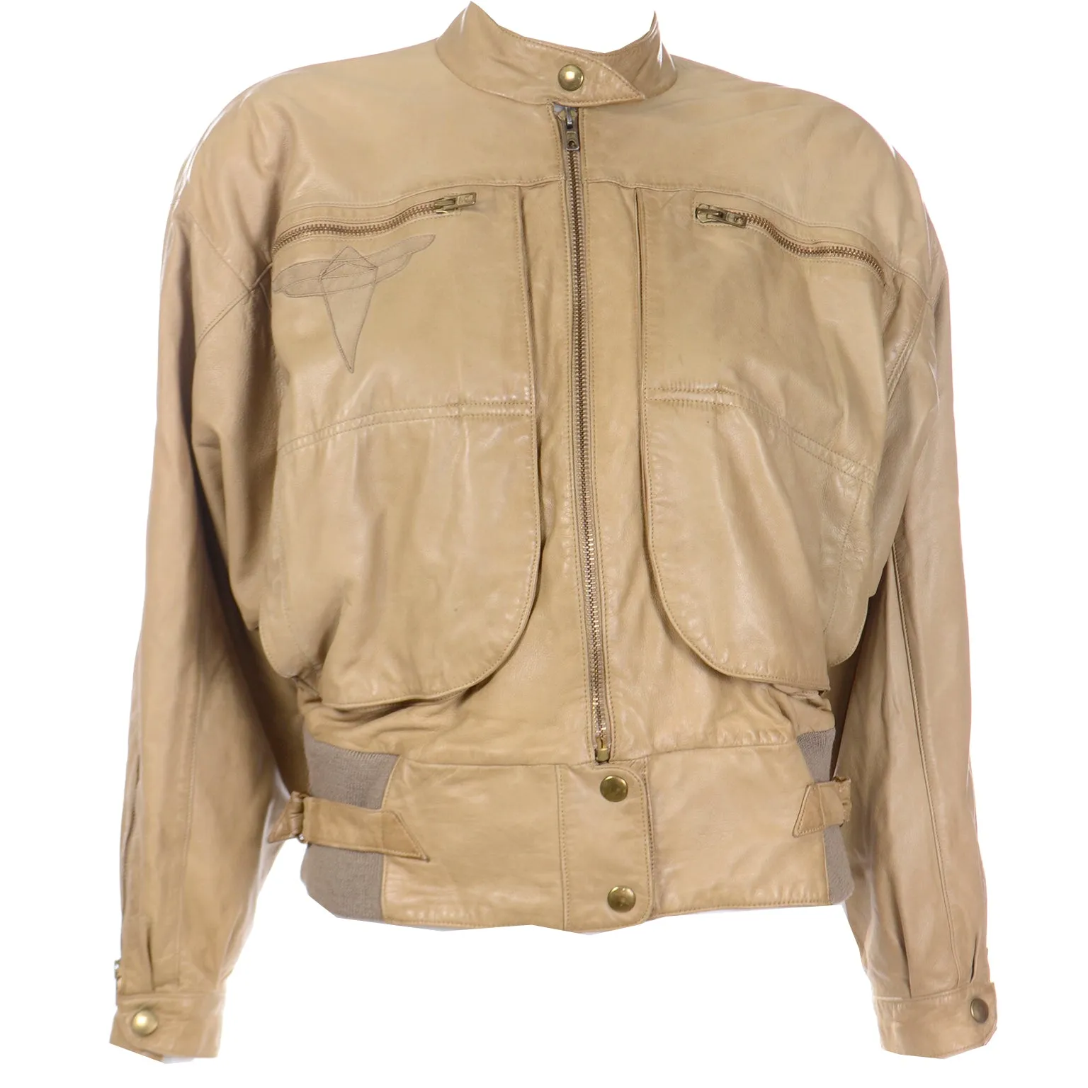 1983 S/S Claude Montana Ideal Cuir Tan Leather Runway Bomber Jacket W Applique