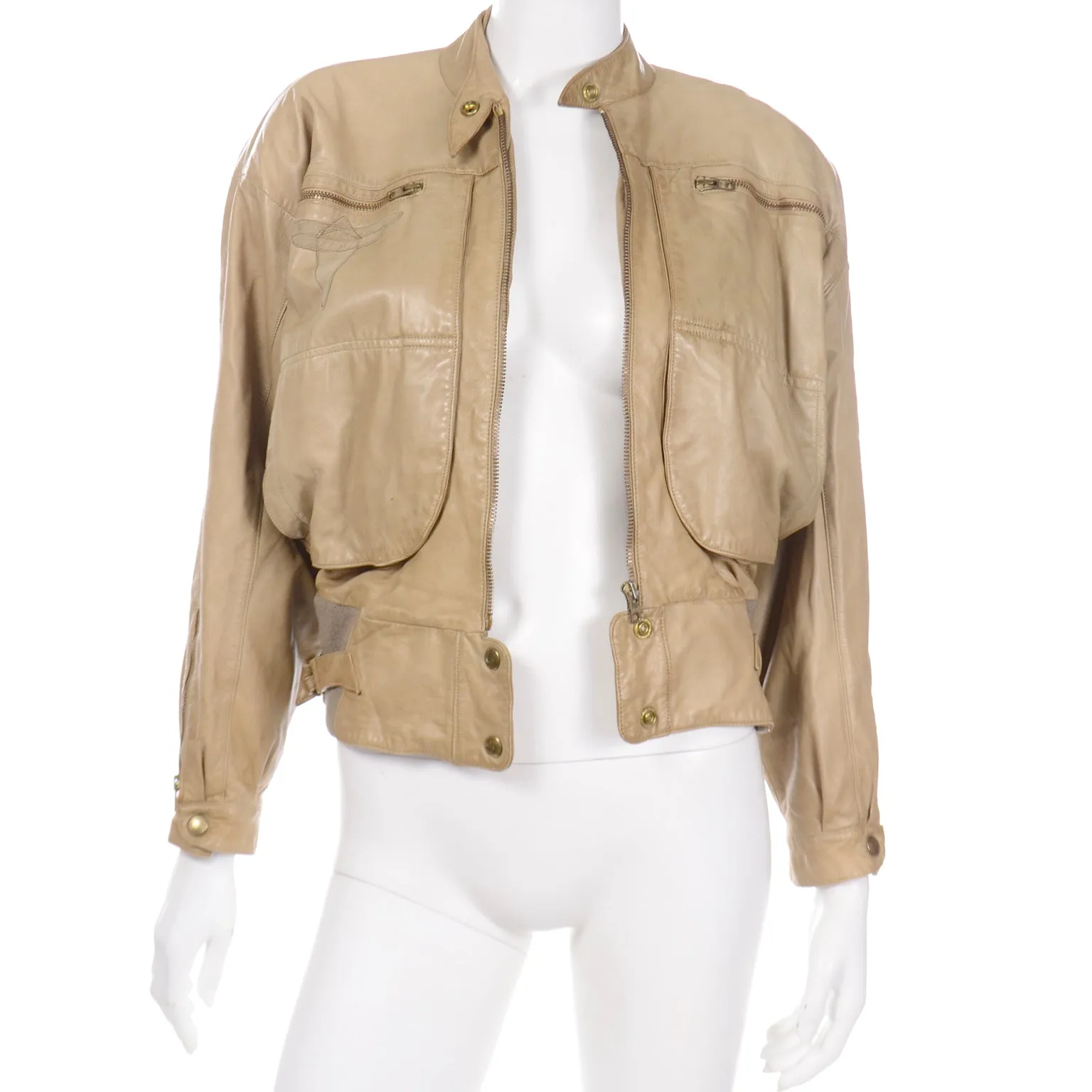 1983 S/S Claude Montana Ideal Cuir Tan Leather Runway Bomber Jacket W Applique