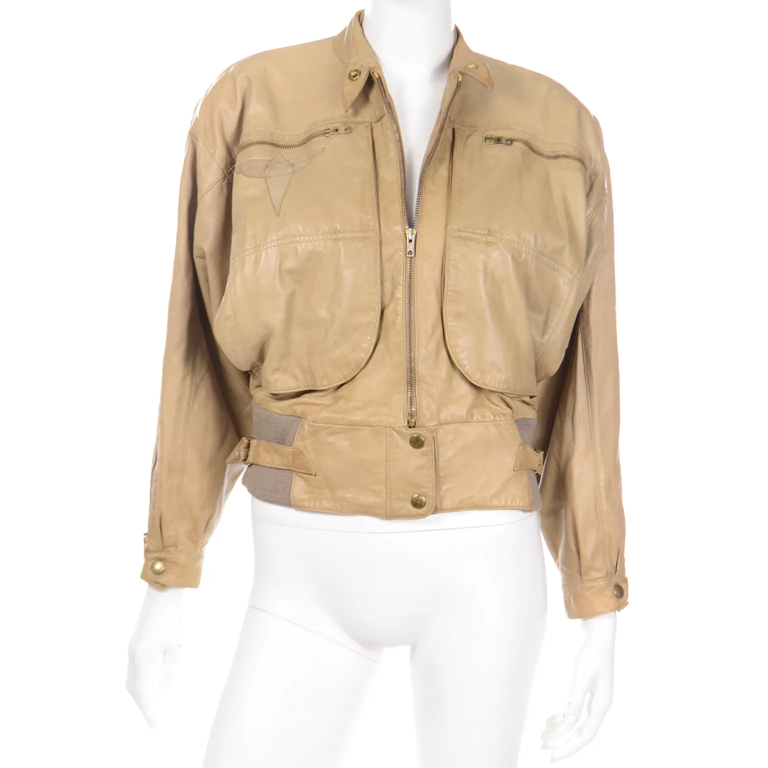 1983 S/S Claude Montana Ideal Cuir Tan Leather Runway Bomber Jacket W Applique