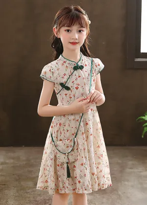 2024 New Green Stand Collar Print Girls Maxi Dresses Short Sleeve MN010