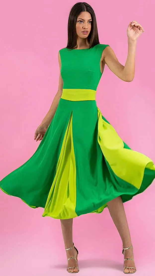 4-A1467 Aviva Green Contrast Flare Dress