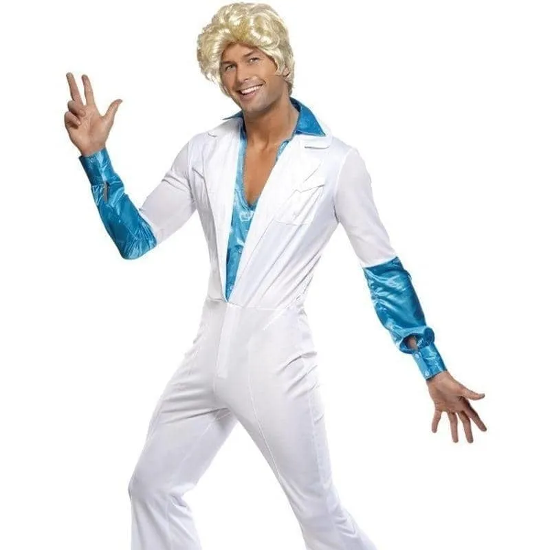 70s Disco Man Costume Adult White ABBA Jumpsuit