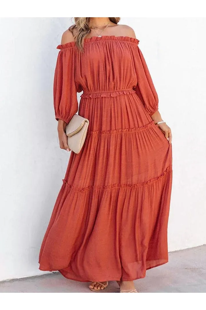 Adrianne Ruffle Trim Off Shoulder Long Sleeve Maxi Dress