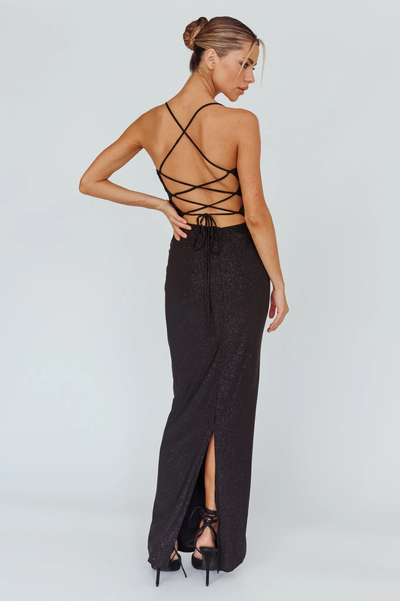 Ailani Lace-Up Back Maxi Dress Sparkle Black