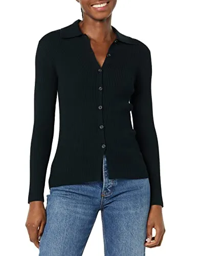 Amazon Essentials Women's Fine Gauge Stretch Polo Ribbed Cardigan (Previously Daily Ritual), Black, X-Small