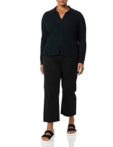 Amazon Essentials Women's Fine Gauge Stretch Polo Ribbed Cardigan (Previously Daily Ritual), Black, X-Small