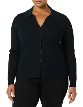 Amazon Essentials Women's Fine Gauge Stretch Polo Ribbed Cardigan (Previously Daily Ritual), Black, X-Small