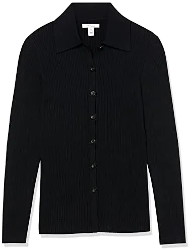 Amazon Essentials Women's Fine Gauge Stretch Polo Ribbed Cardigan (Previously Daily Ritual), Black, X-Small