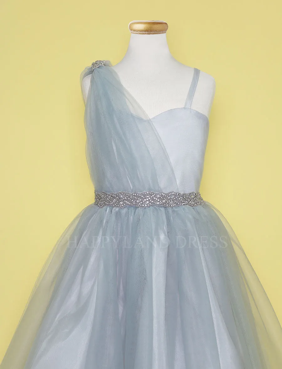 Aqua Draped Shoulder with Rhinestone Tulle Dress #212760