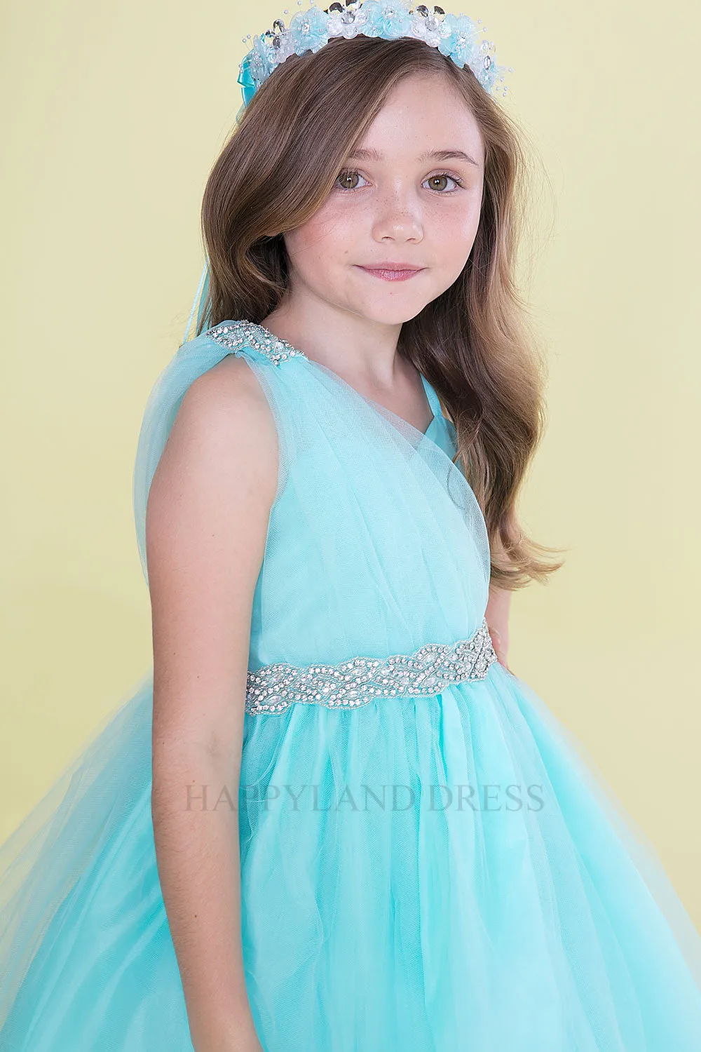 Aqua Draped Shoulder with Rhinestone Tulle Dress #212760