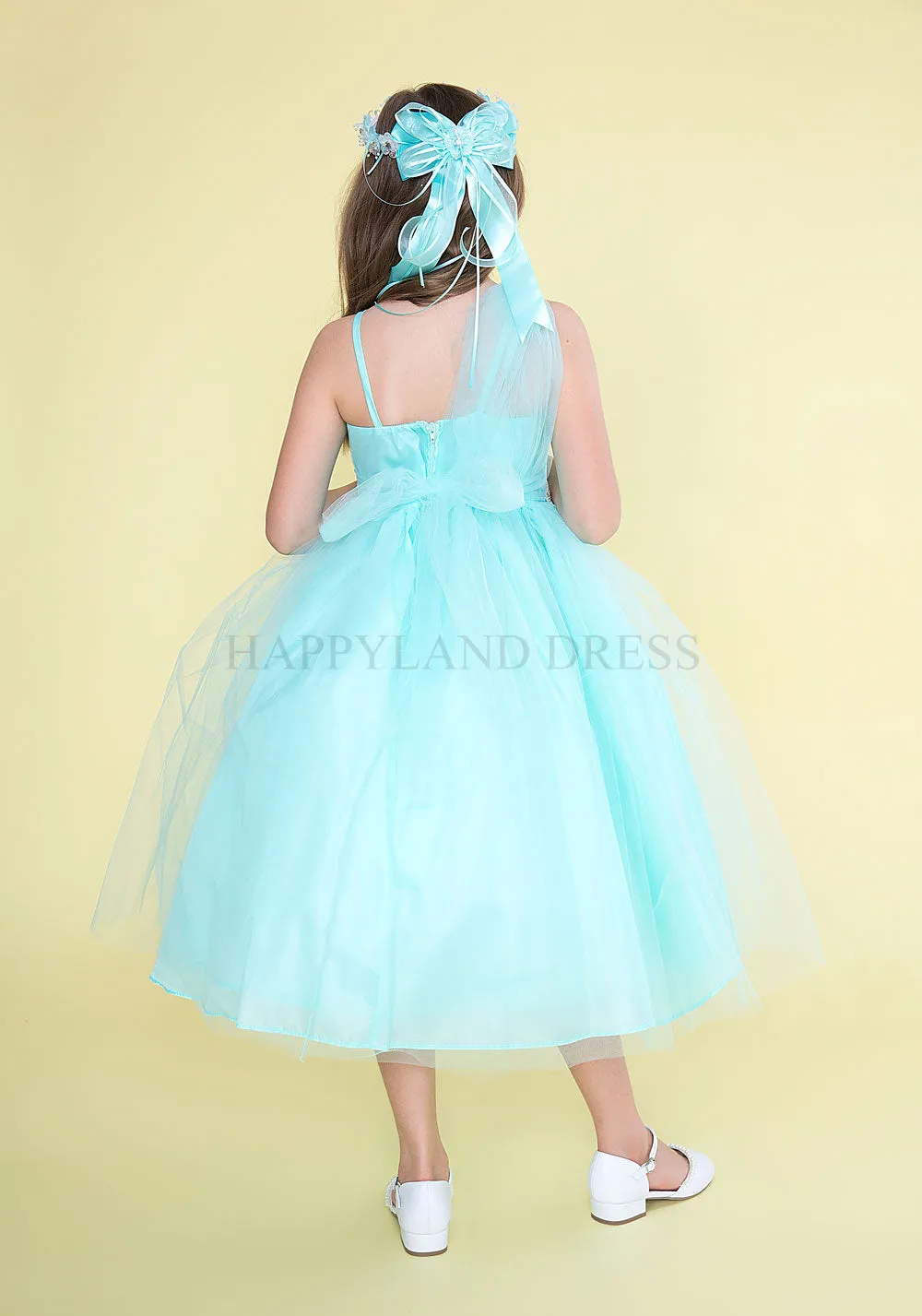 Aqua Draped Shoulder with Rhinestone Tulle Dress #212760