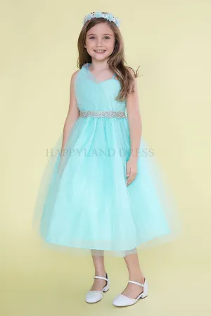 Aqua Draped Shoulder with Rhinestone Tulle Dress #212760