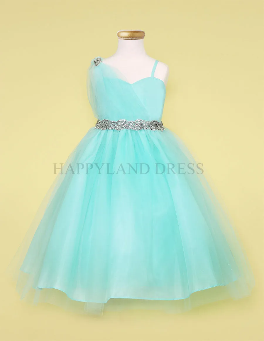 Aqua Draped Shoulder with Rhinestone Tulle Dress #212760