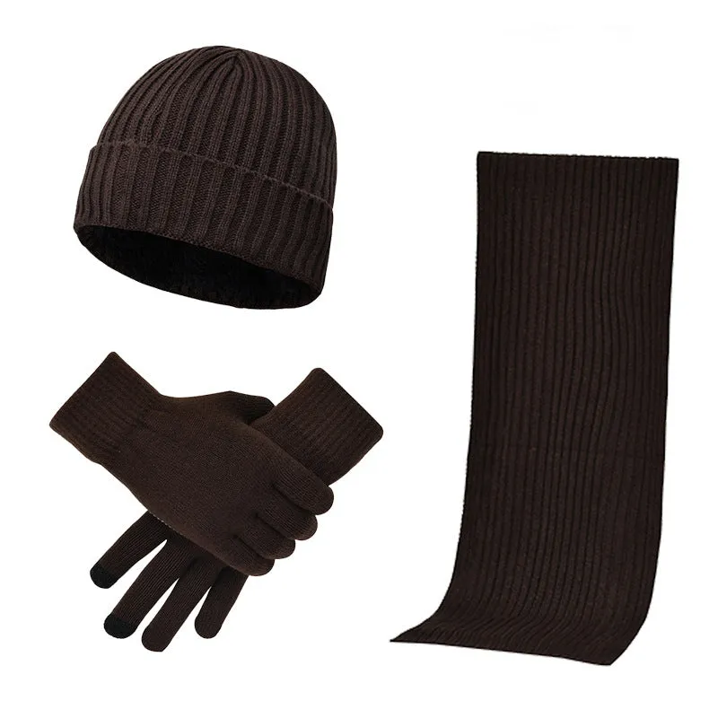 Autumn and winter men's and women's knitted thickening warm wool hat scarf gloves three-piece set