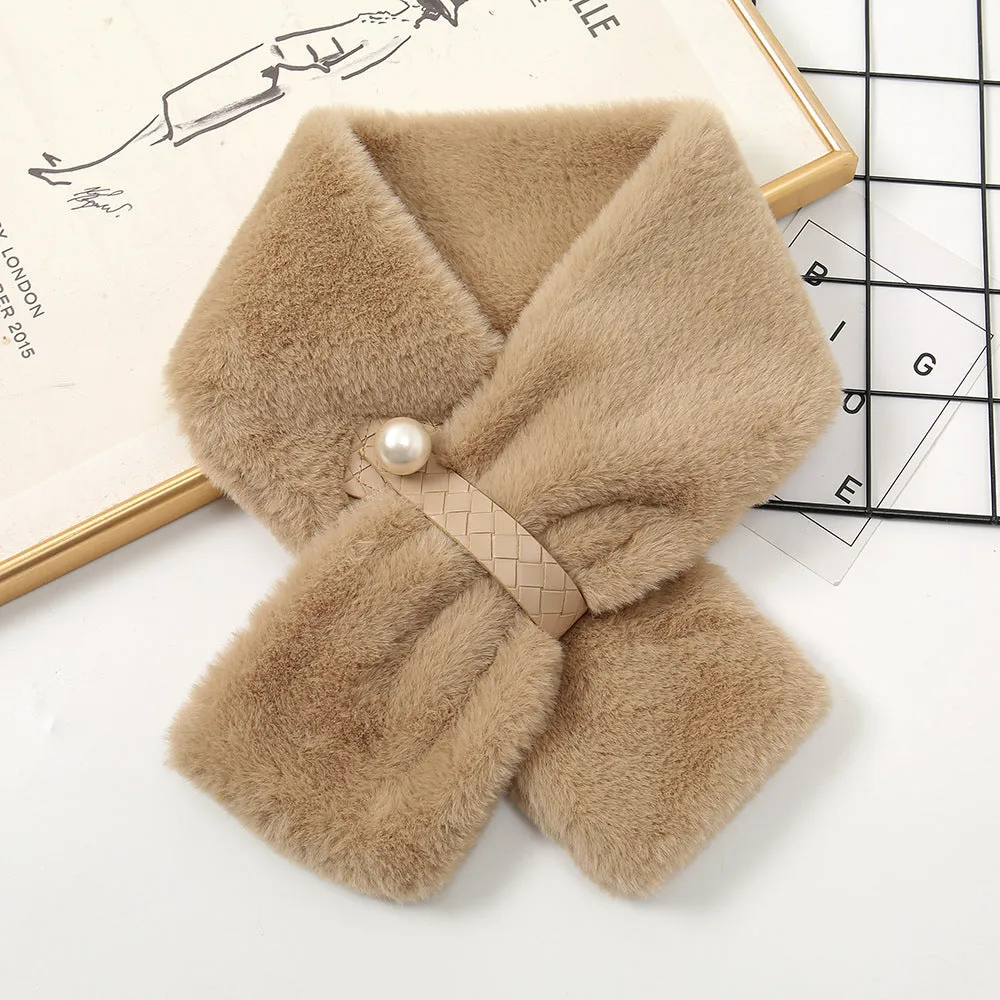 Autumn and winter pearl wool scarf girls cross hair collar warm imitation rabbit hair scarf