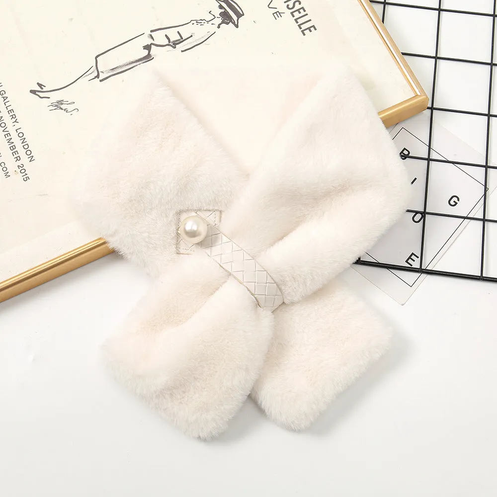 Autumn and winter pearl wool scarf girls cross hair collar warm imitation rabbit hair scarf