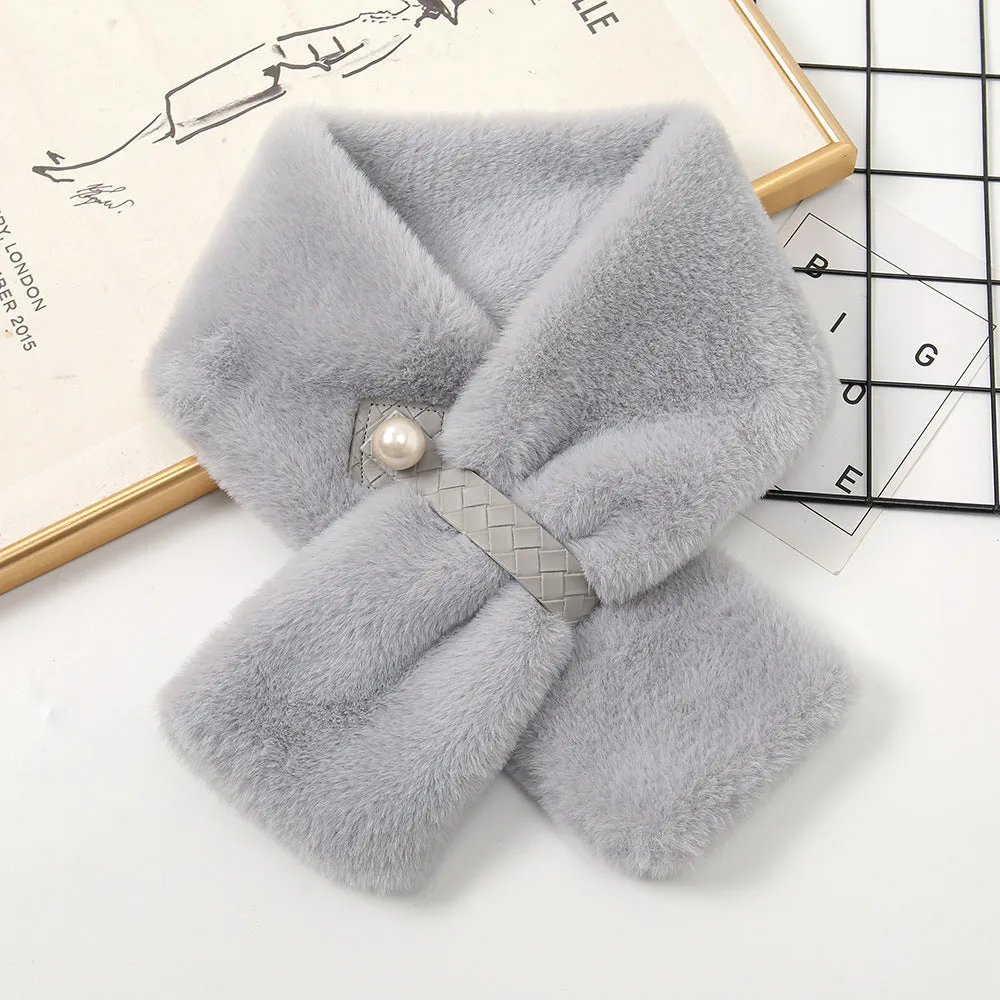 Autumn and winter pearl wool scarf girls cross hair collar warm imitation rabbit hair scarf