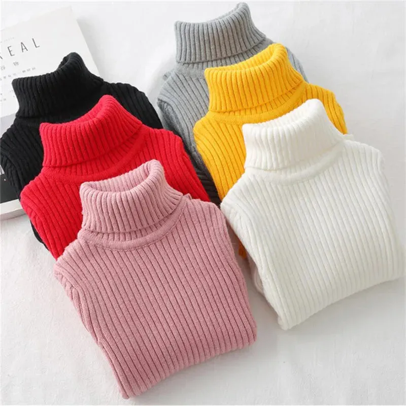 Baby Girls Winter Turtleneck Knitted Sweaters Clothes 2024 Autumn Children Boys Pullover Kids Knitwear