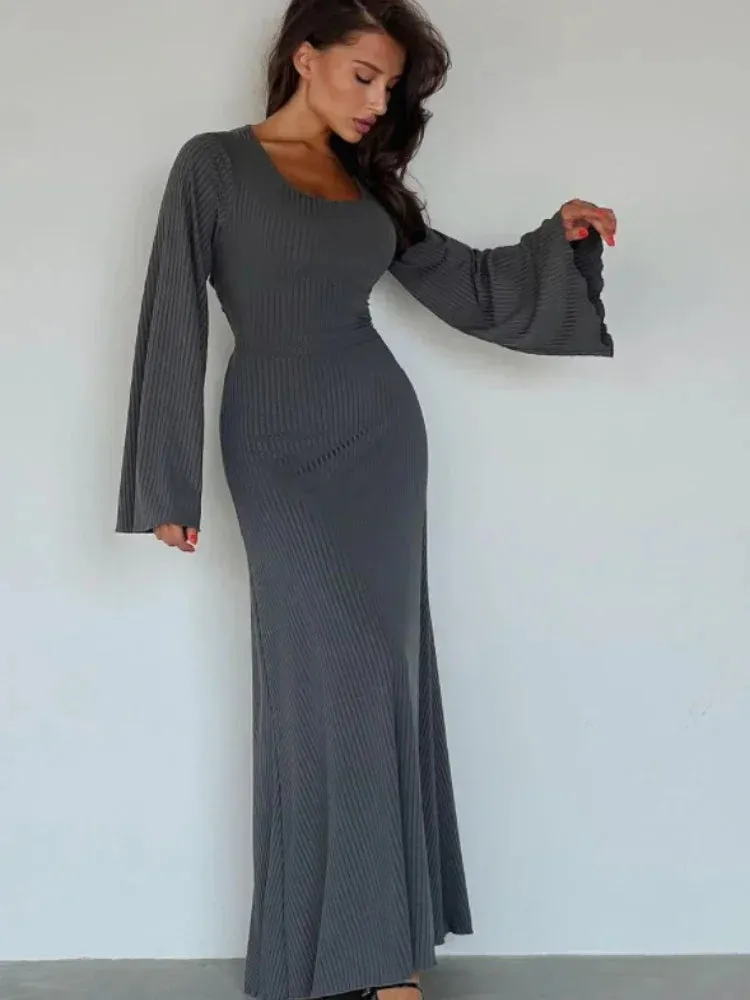 Back Tie Flared Long Sleeve Dresses Elegant Cozy Rib Knit Maxi Dress Fall Winter Clothes for Women Wholesale C70-DZ61