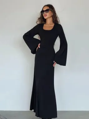 Back Tie Flared Long Sleeve Dresses Elegant Cozy Rib Knit Maxi Dress Fall Winter Clothes for Women Wholesale C70-DZ61