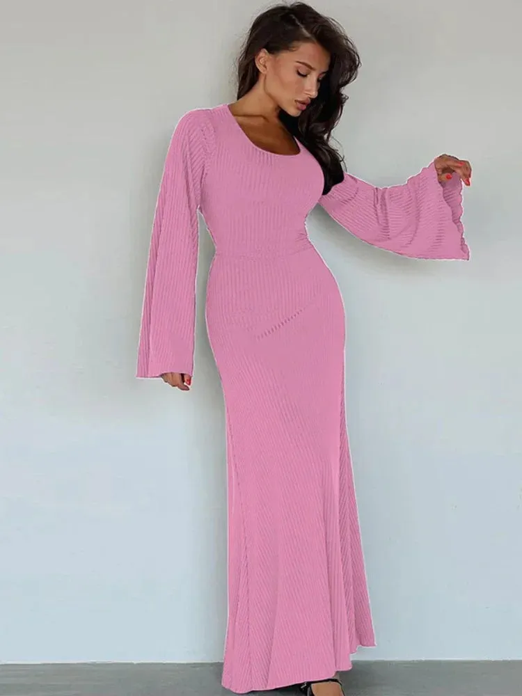 Back Tie Flared Long Sleeve Dresses Elegant Cozy Rib Knit Maxi Dress Fall Winter Clothes for Women Wholesale C70-DZ61