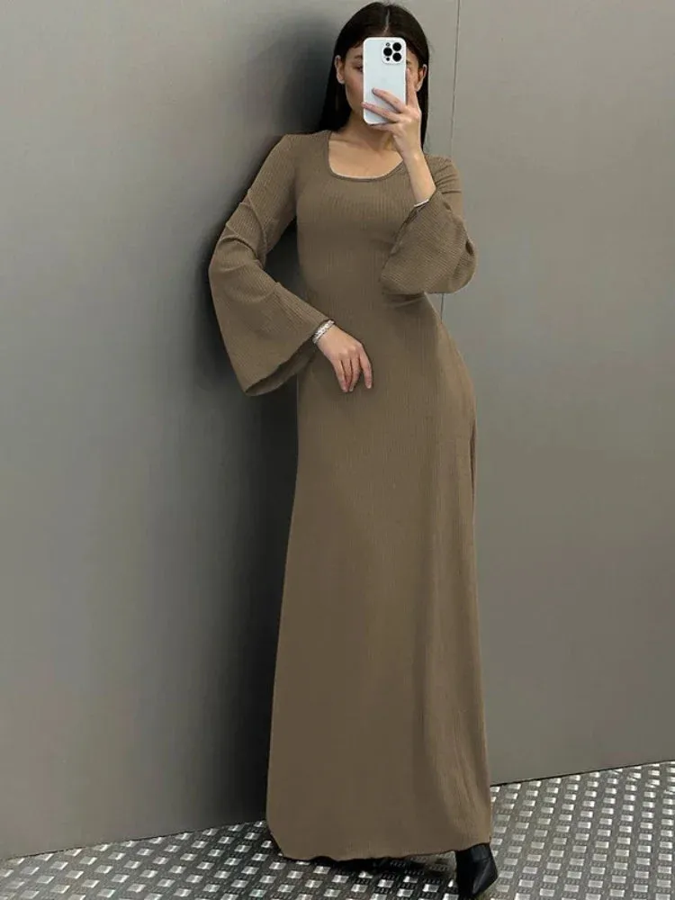 Back Tie Flared Long Sleeve Dresses Elegant Cozy Rib Knit Maxi Dress Fall Winter Clothes for Women Wholesale C70-DZ61