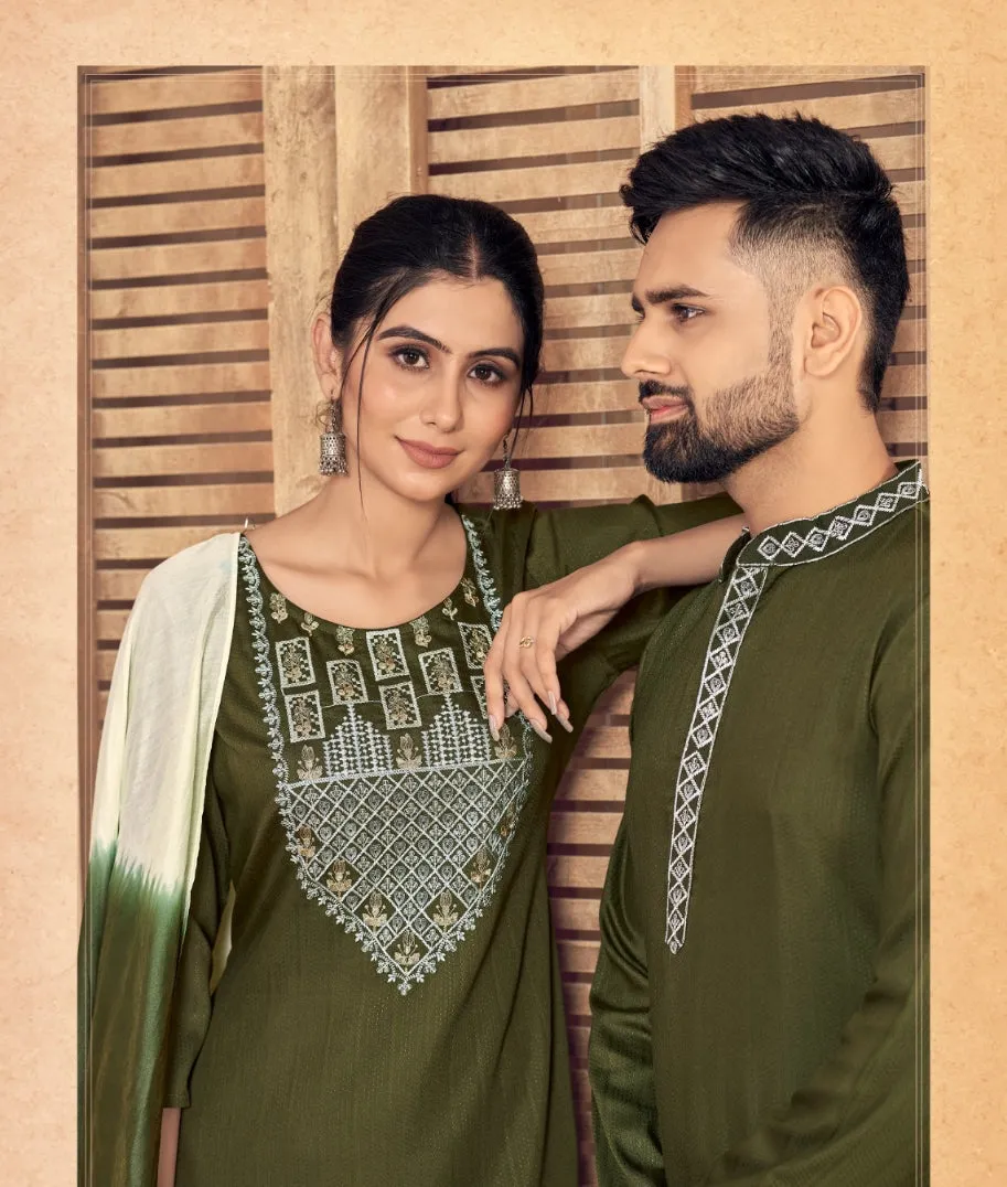 Beautiful Couple wear Green Same Matching Outfits Set