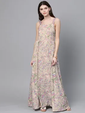 Beige Paisley Strappy Gathered Maxi