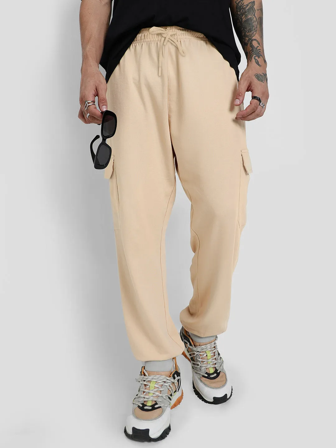 Beige Solid Baggy Fit Cargo Pants