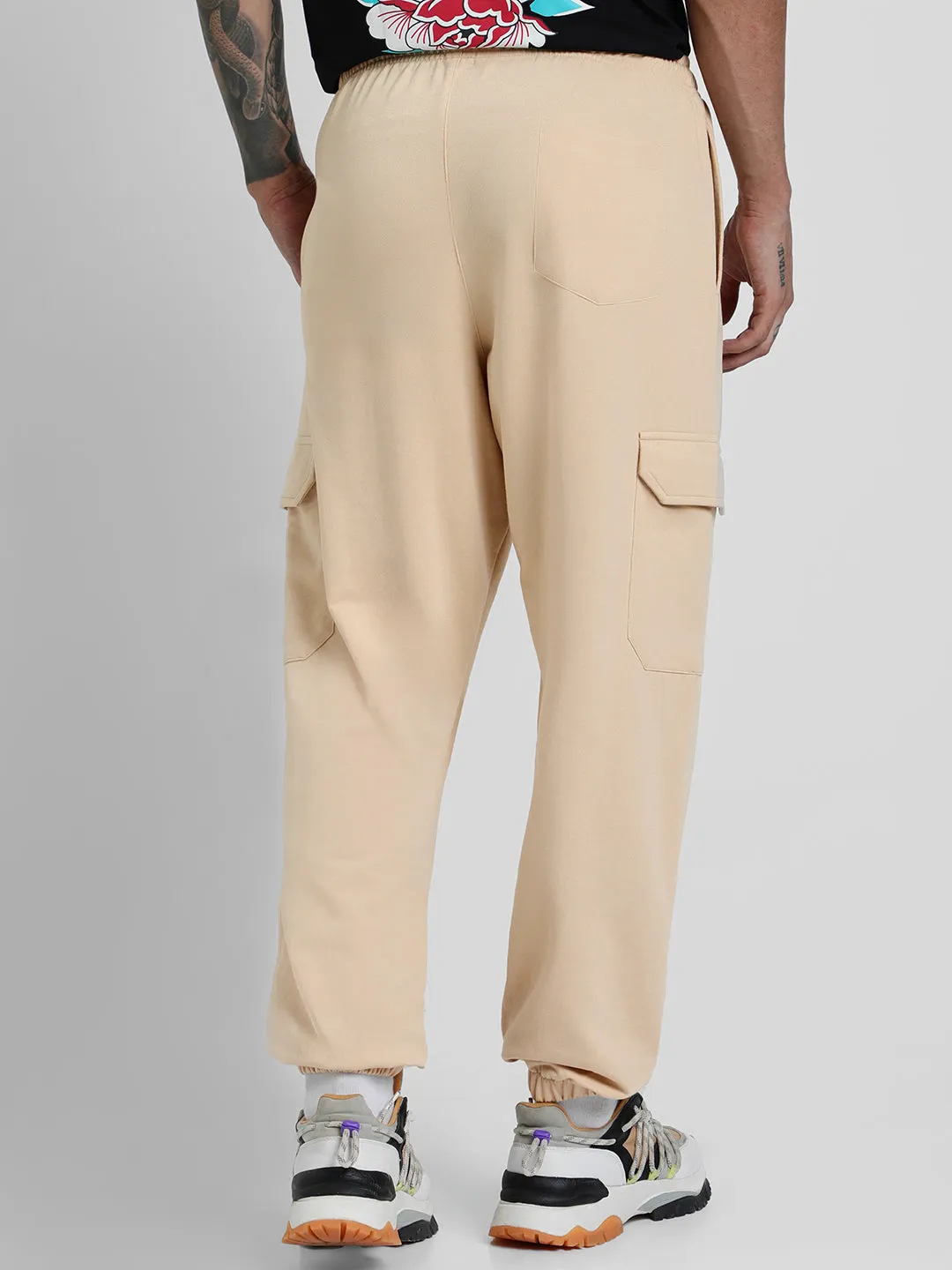 Beige Solid Baggy Fit Cargo Pants