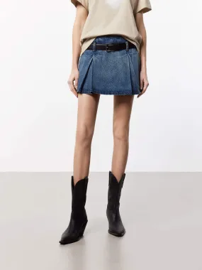 Belt Pleated Denim Skort