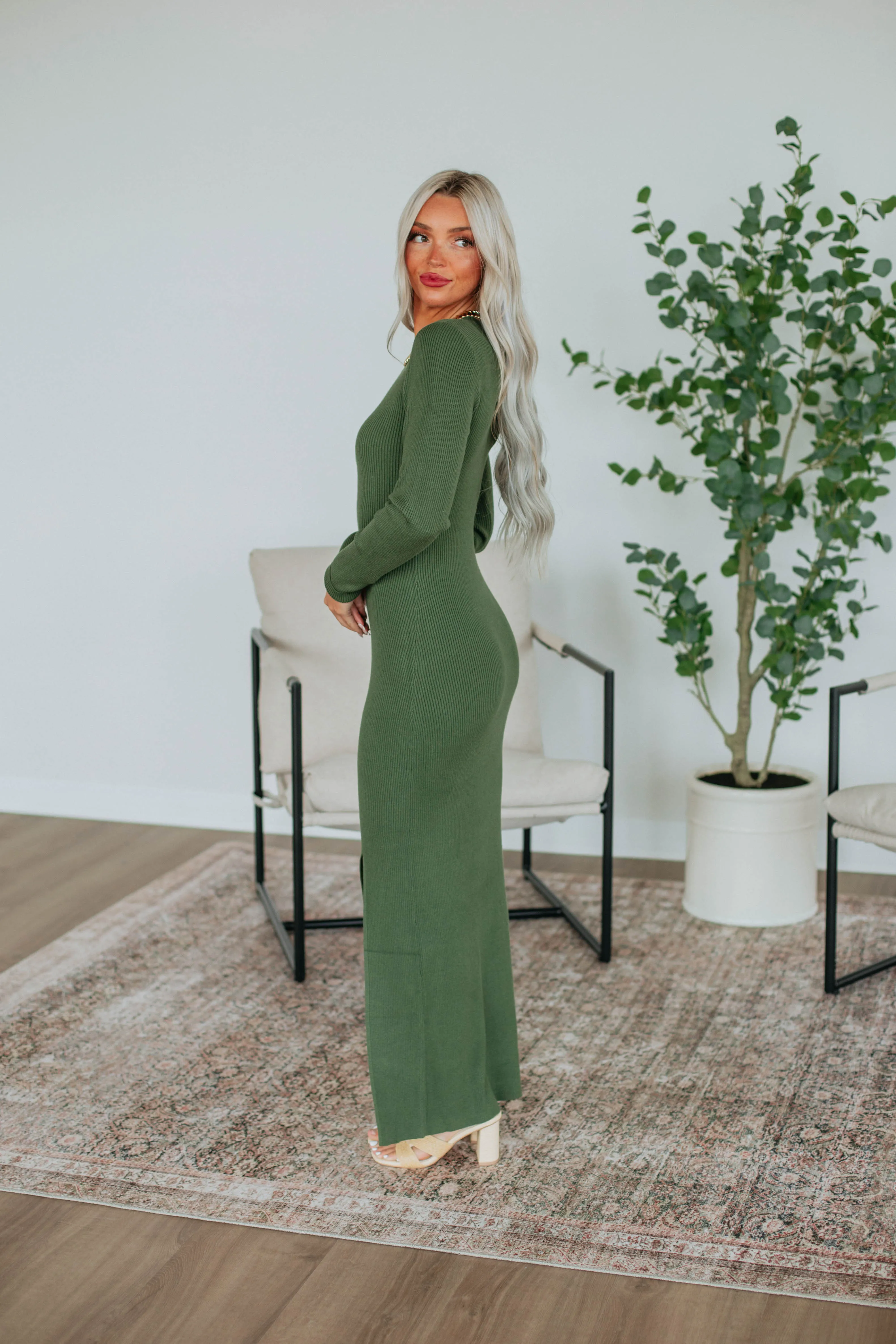 Bernice Ribbed Maxi Dress - Dark Olive