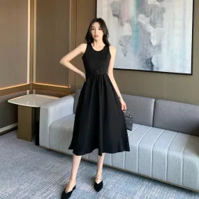 Black O-neck Sleeveless Simple Tank Dress Summer High Waist Slim Solid Color Women's Maxi Dresses Casual Office Ladies