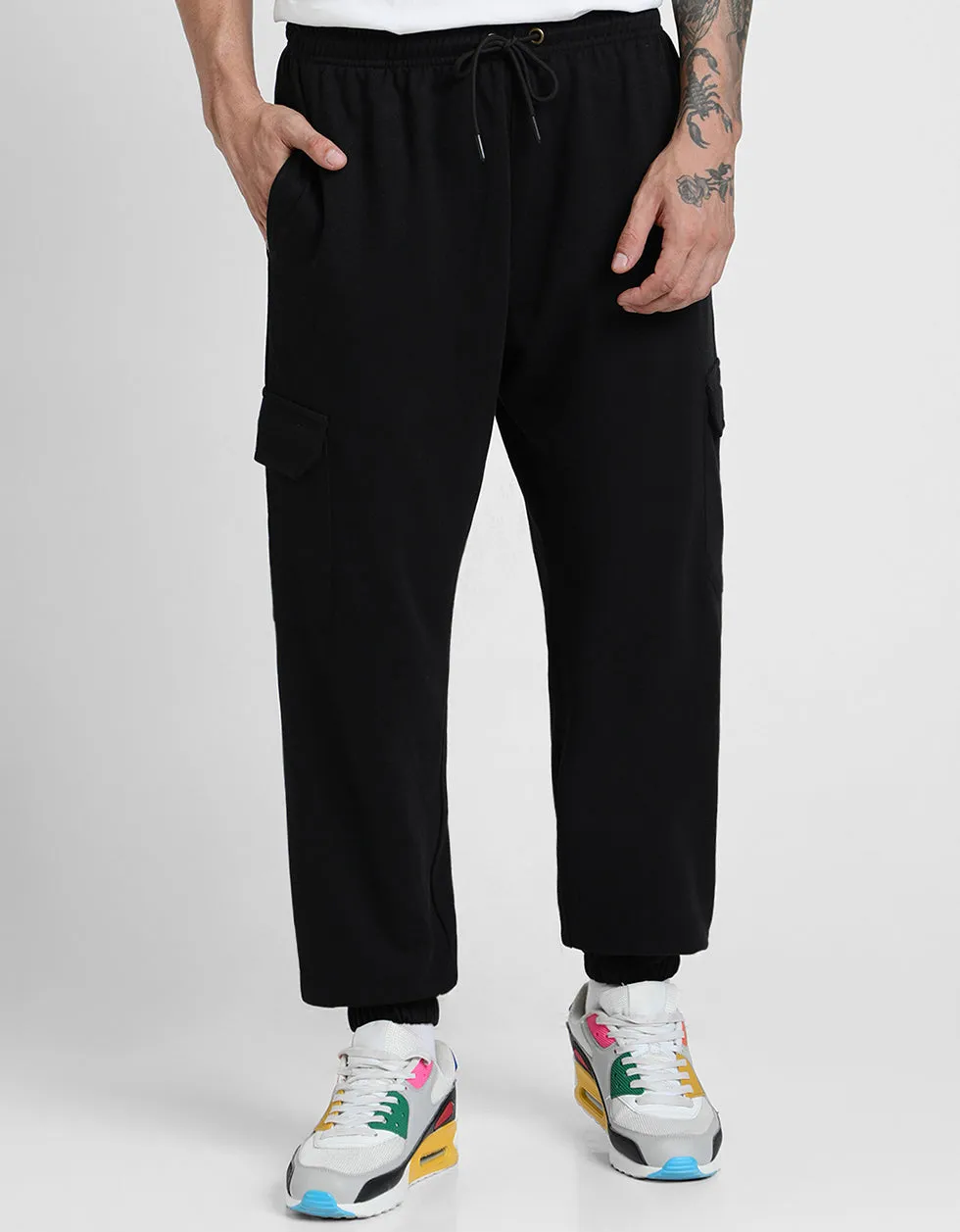 Black Solid Baggy Fit Cargo Pants