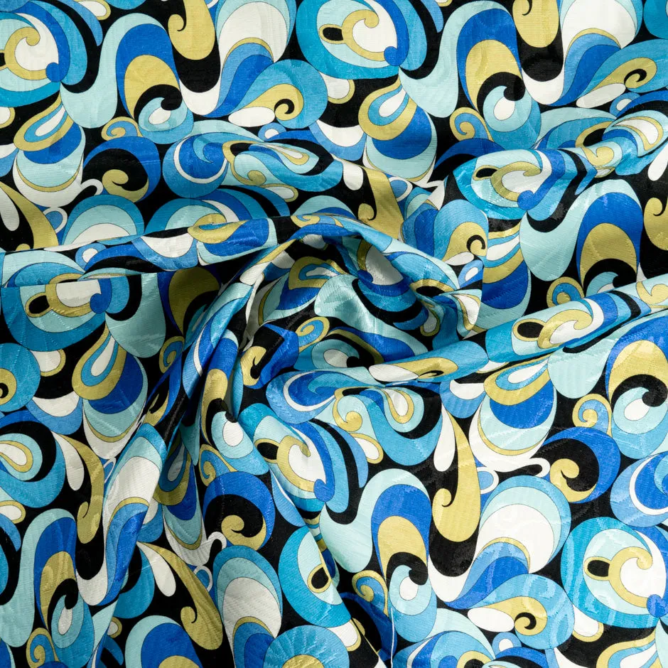 Blue, Black & Khaki Cotton & Silk Blend Cloqué