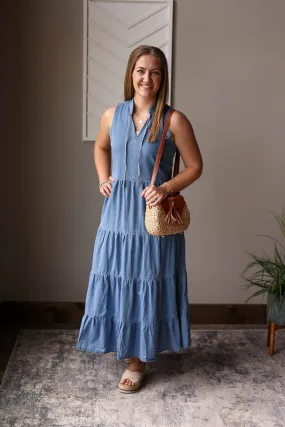 Blue Chambray Sleeveless Tiered Maxi Dress • S