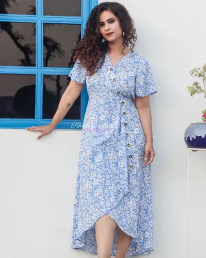 Blue Printed Midi Dress