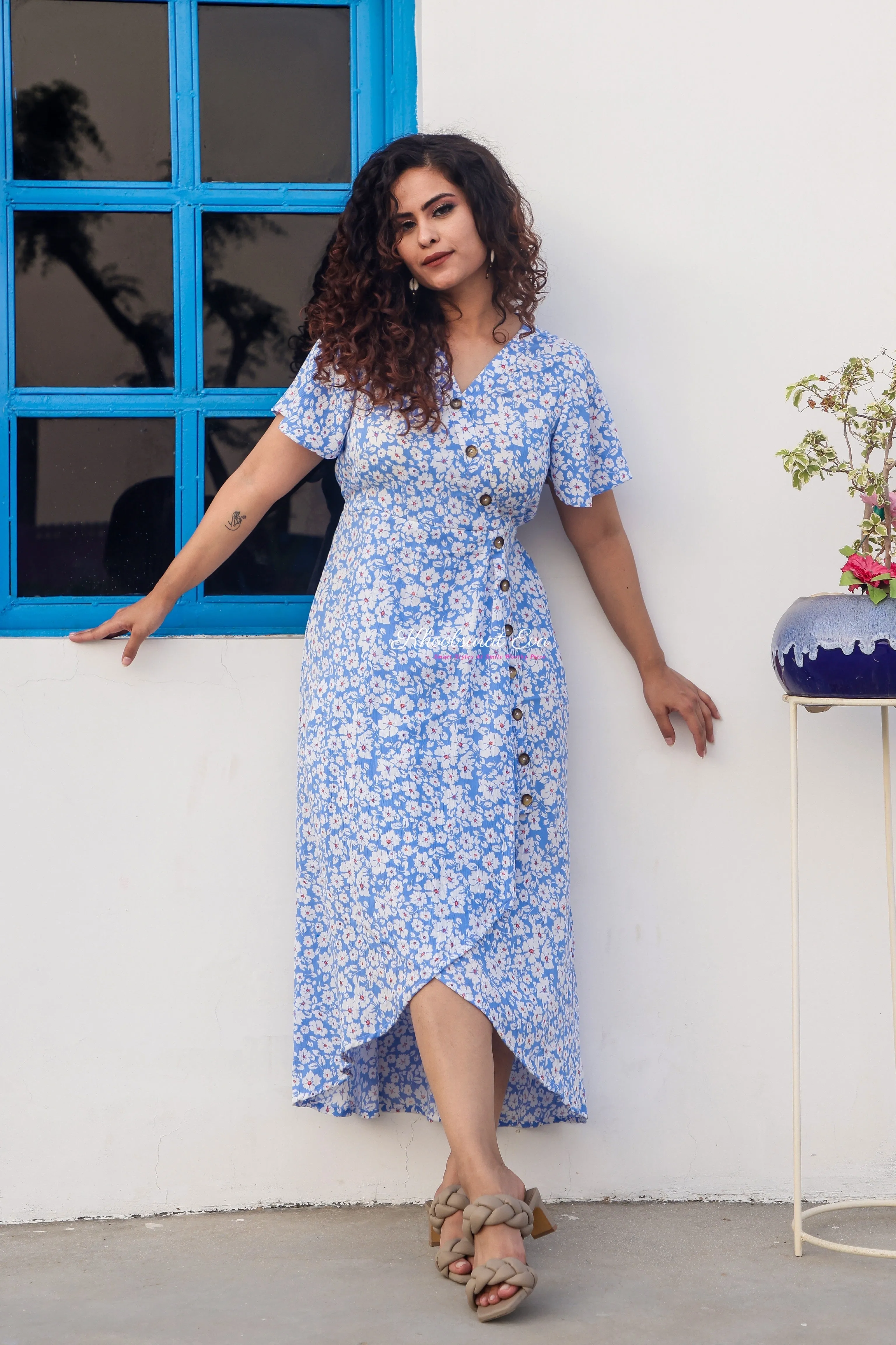 Blue Printed Midi Dress