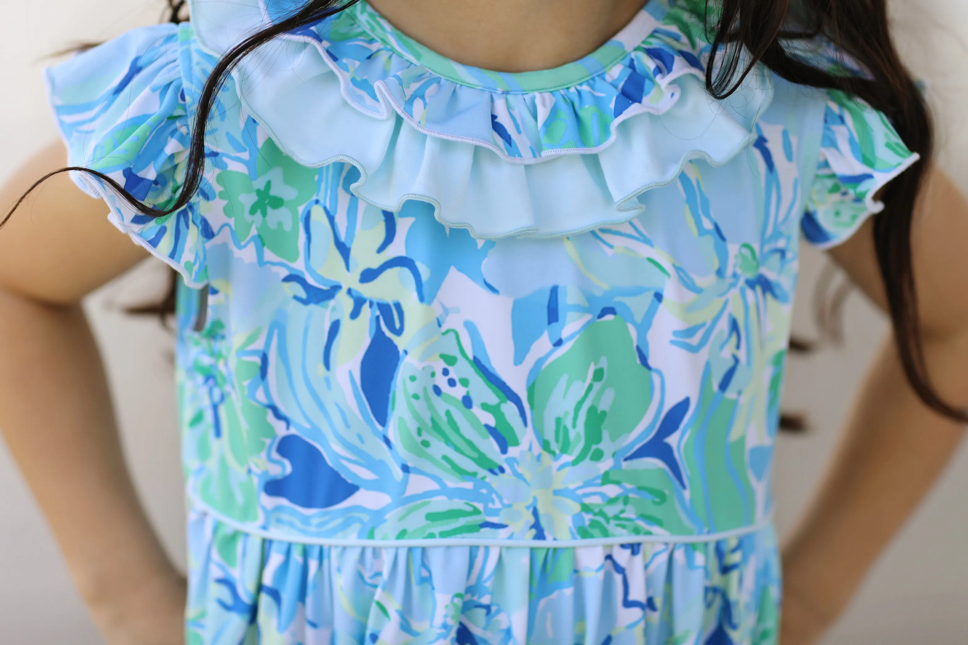 Blue Resort Floral Knit Angel Wing Ruffle Dress