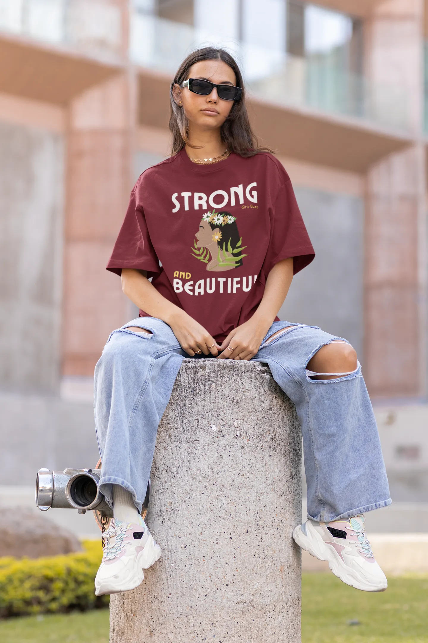 Boyfriend Fit Maroon Women Cotton Tshirt - Strong And Beautiful