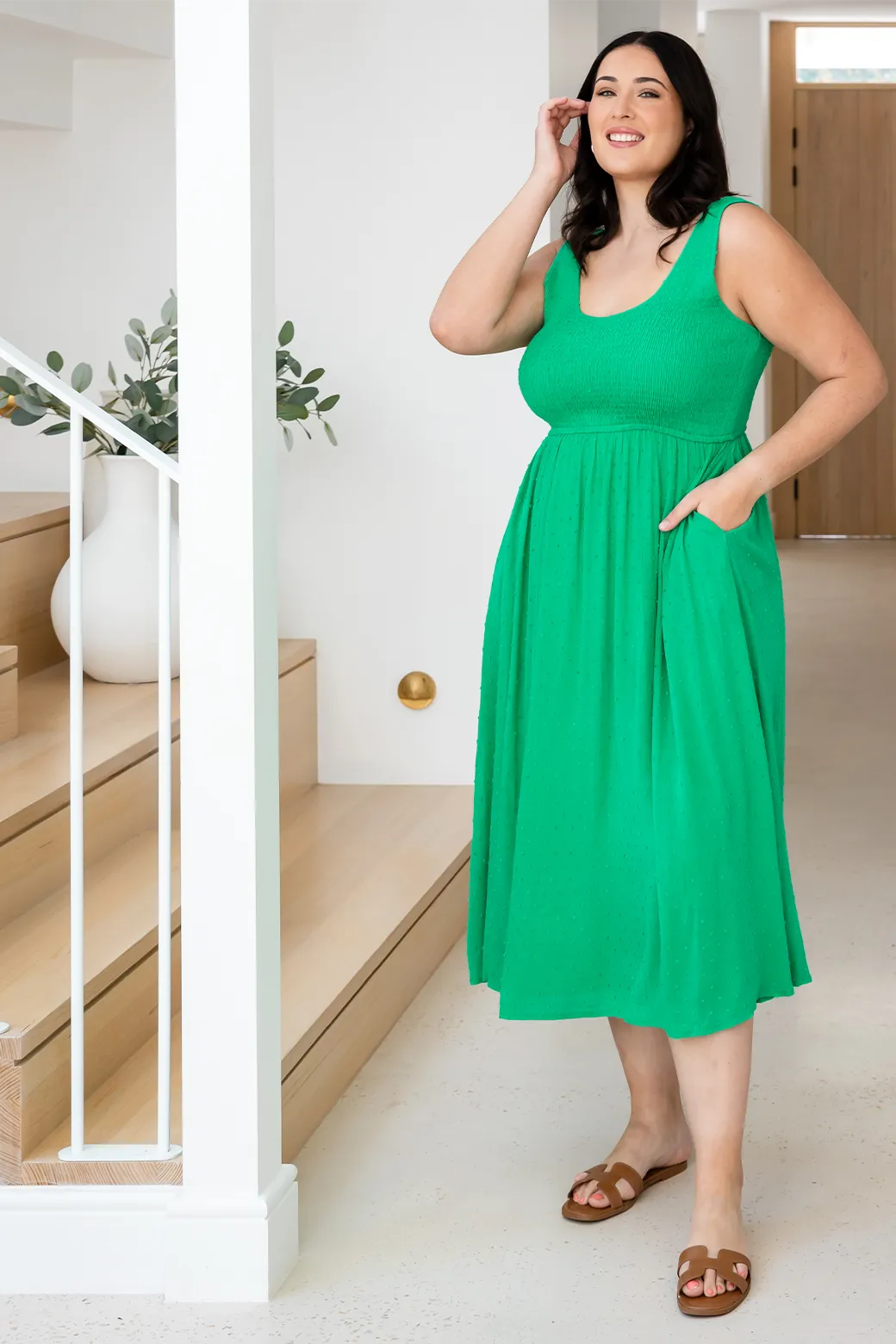 Calypso Shirred Tank Maxi Dress Emerald Dobby