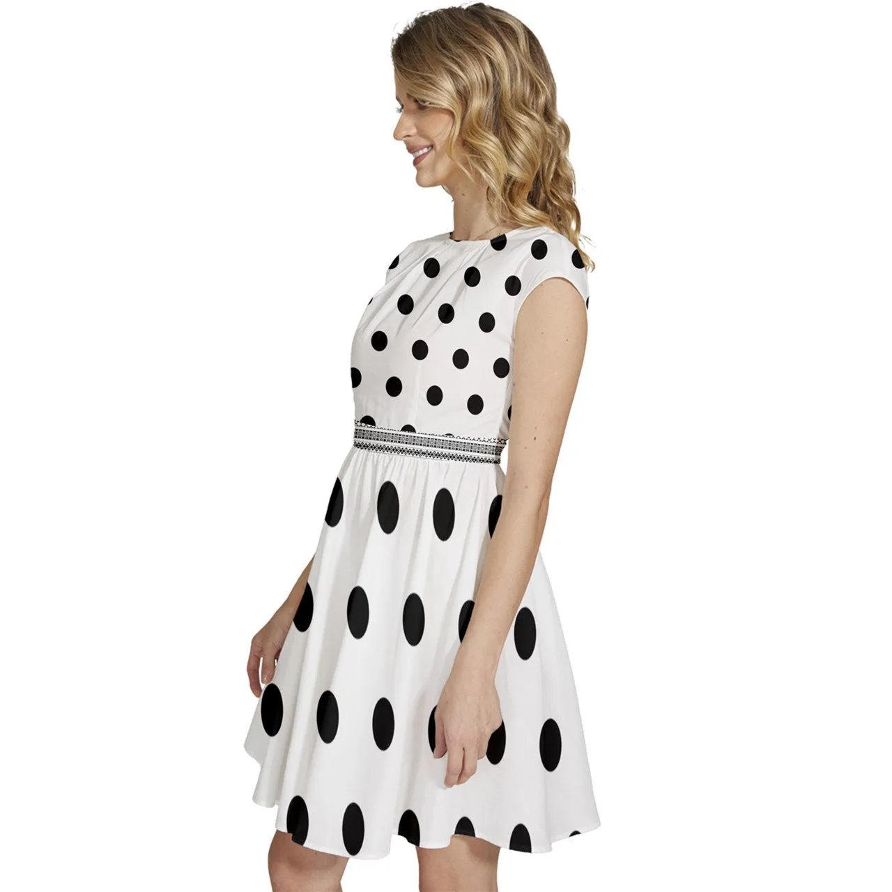 Cap Sleeve High Waist Dots White Dress