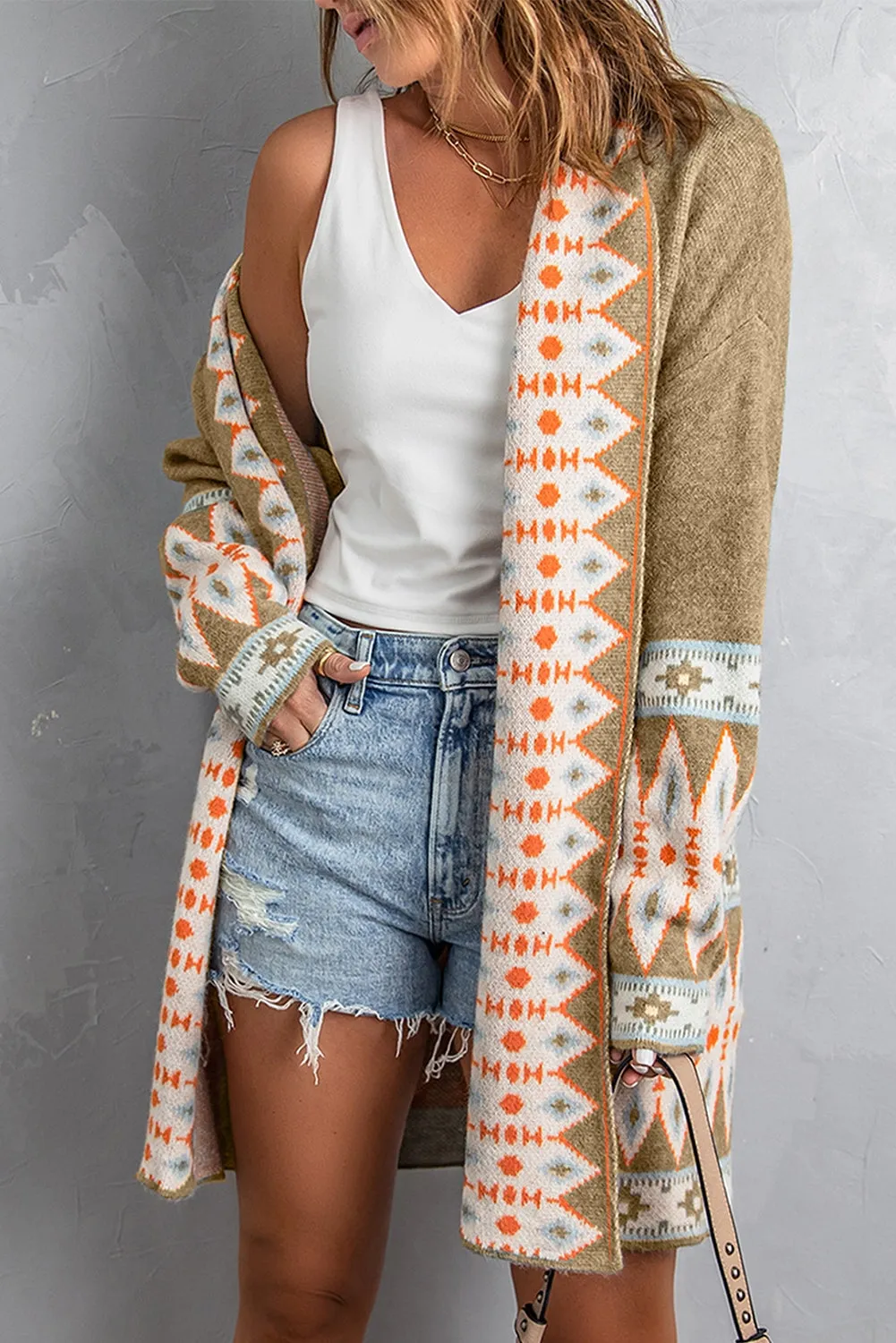 Cardigan Geometric Open Front Long Sleeve Maxi Sweater