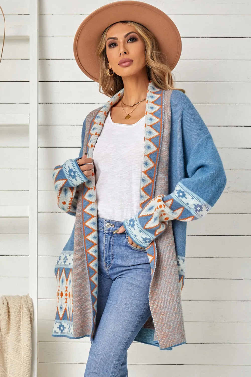 Cardigan Geometric Open Front Long Sleeve Maxi Sweater