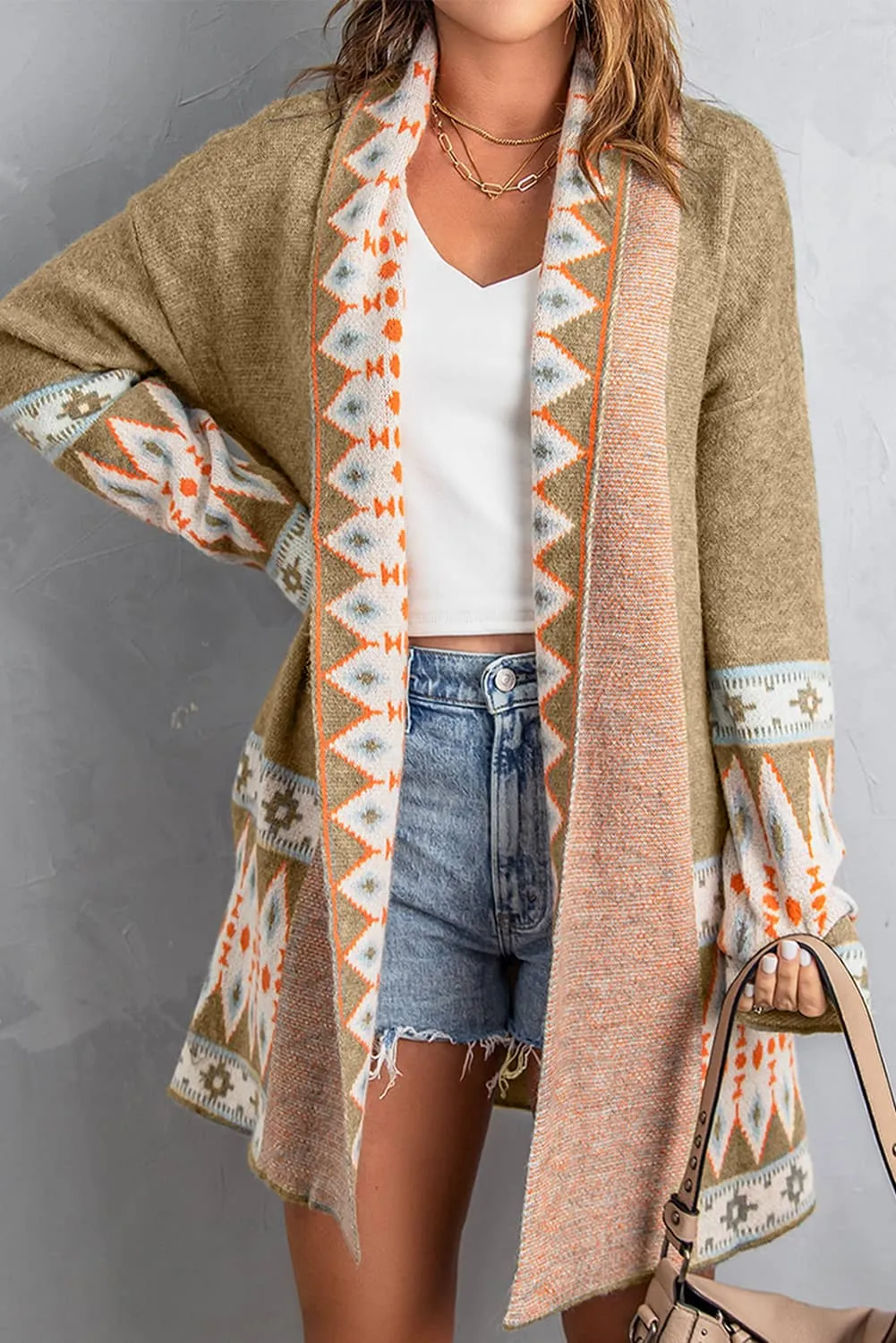 Cardigan Geometric Open Front Long Sleeve Maxi Sweater