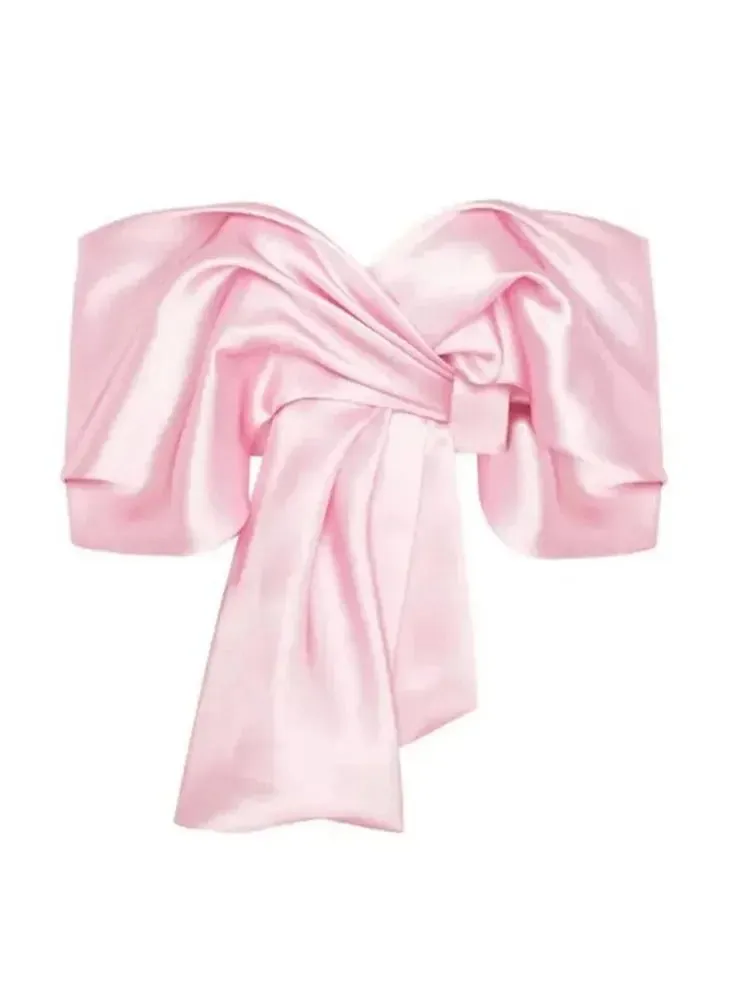 Chic Pink Satin Pleated Bow Crop Top