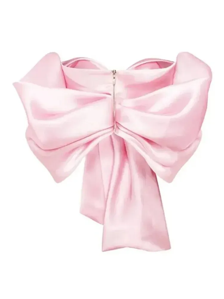 Chic Pink Satin Pleated Bow Crop Top