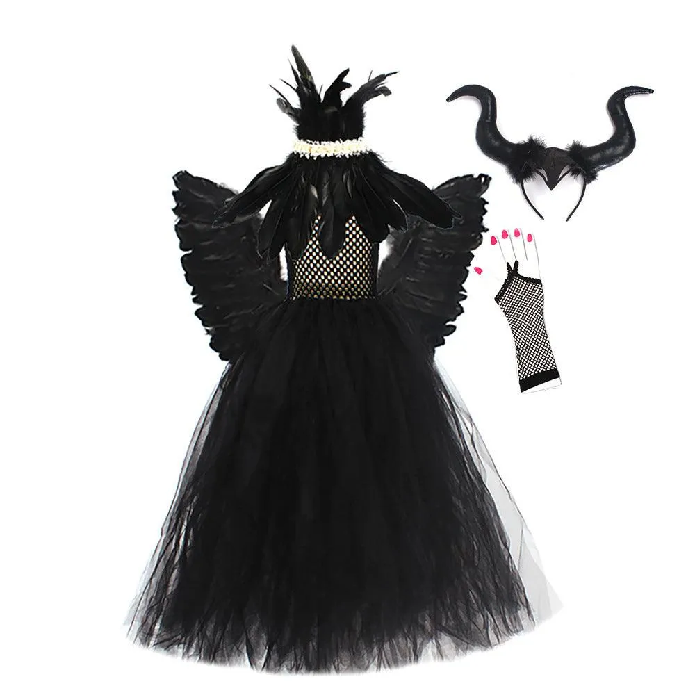 Children's costume Halloween cosplay girls' mesh princess dress cartoon with black feathers and corner decorations 5-piece set