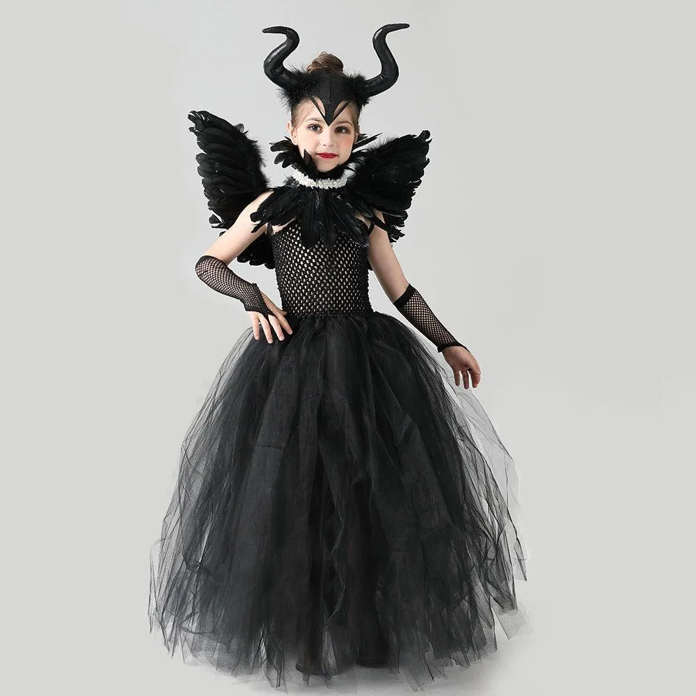 Children's costume Halloween cosplay girls' mesh princess dress cartoon with black feathers and corner decorations 5-piece set